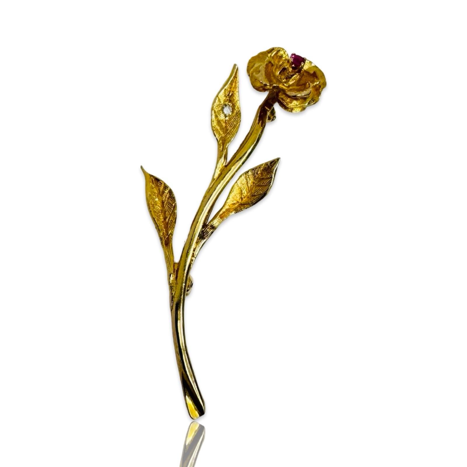 Vintage 14K Gold Floral Brooch with Ruby & Old Mine Cut Diamond For Sale 1