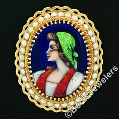 Vintage 14k Gold French Hand Painted Porcelain Portrait Pearl Pin Brooch Pendant