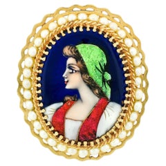Vintage 14k Gold French Hand Painted Porcelain Portrait Pearl Pin Brooch Pendant