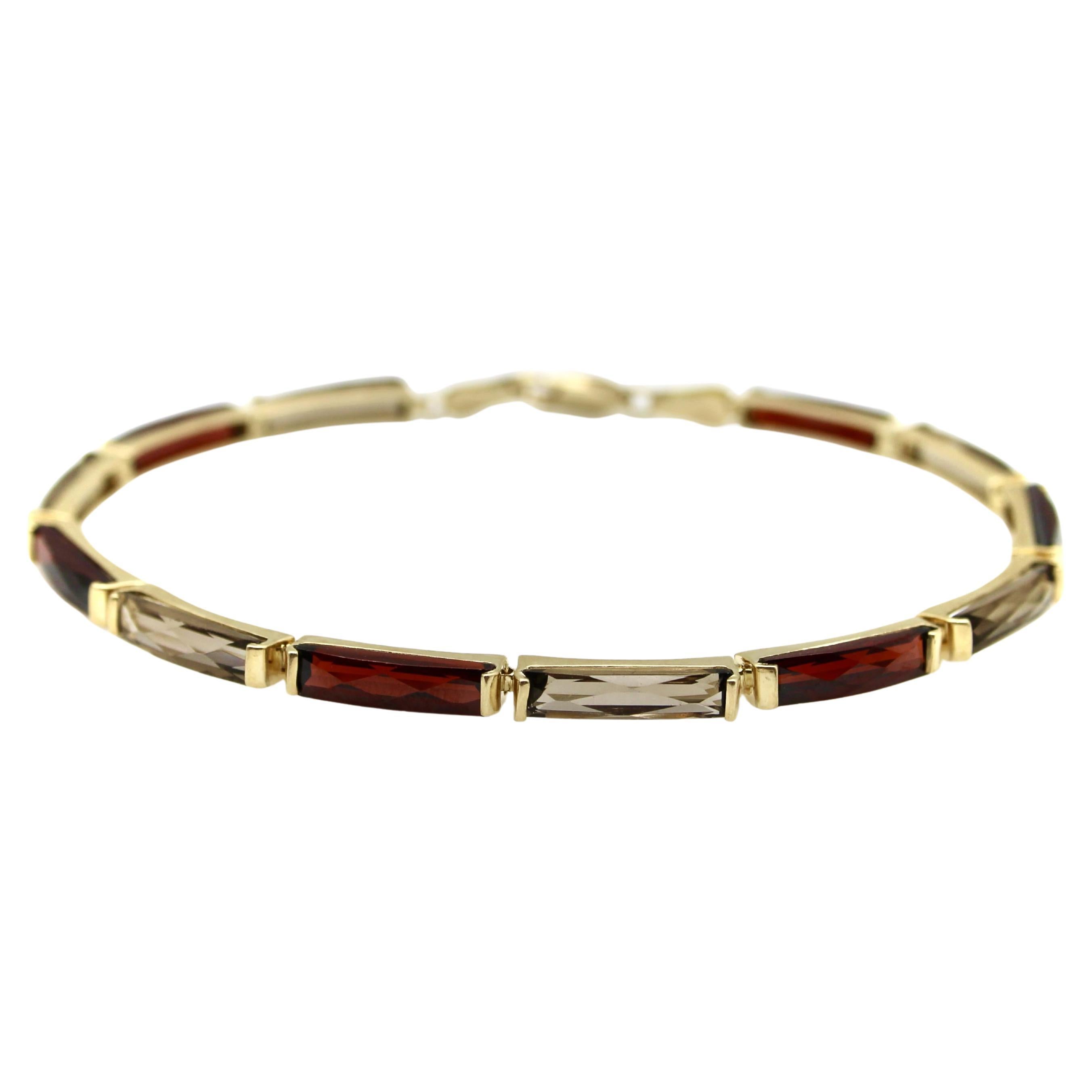 Vintage 14K Gold Garnet and Smoky Quartz Bracelet