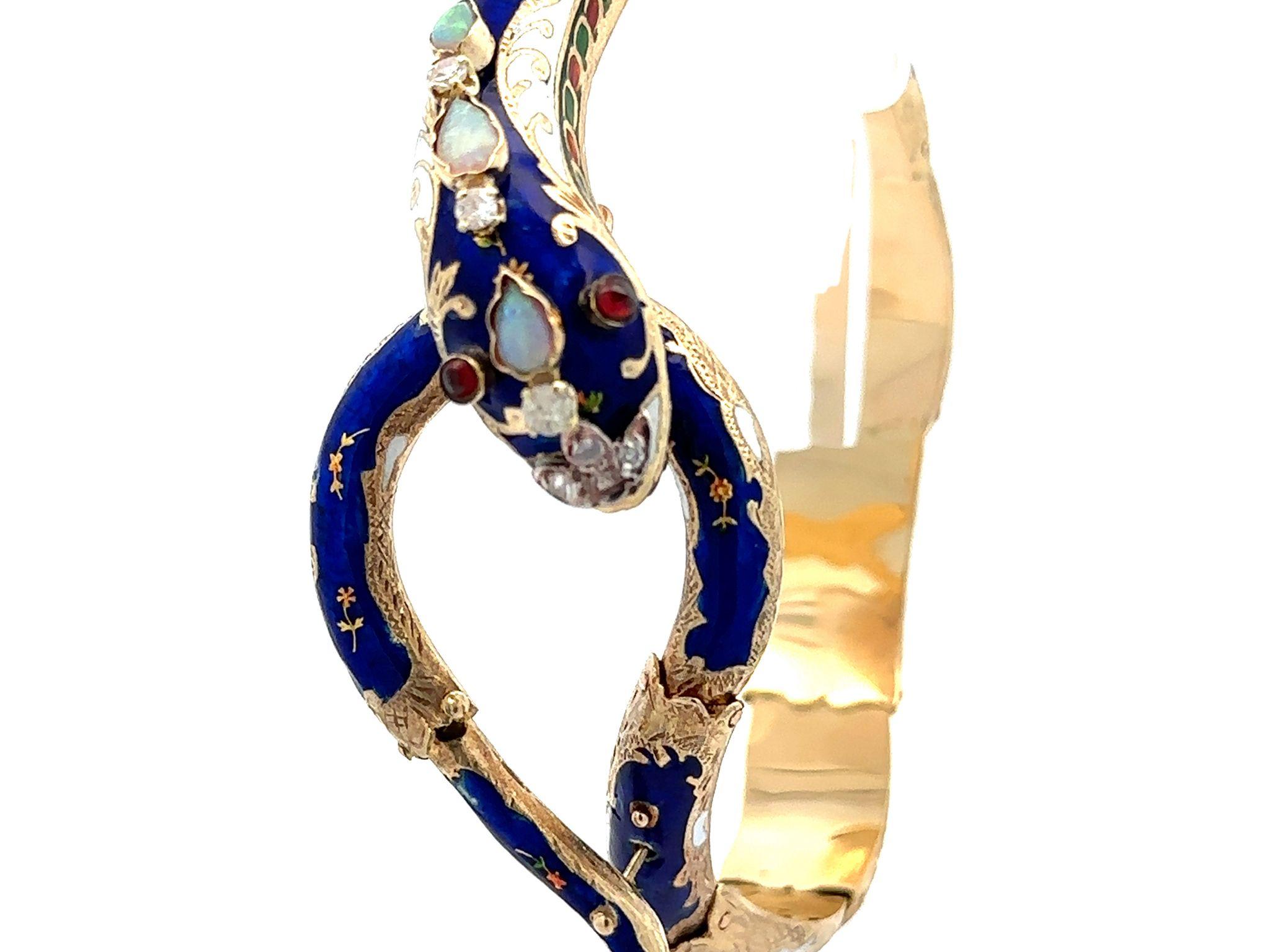 Vintage 14k Gold Garnet Diamond & Opal Blue Enamel Snake Arm Bangle Bracelet For Sale 5