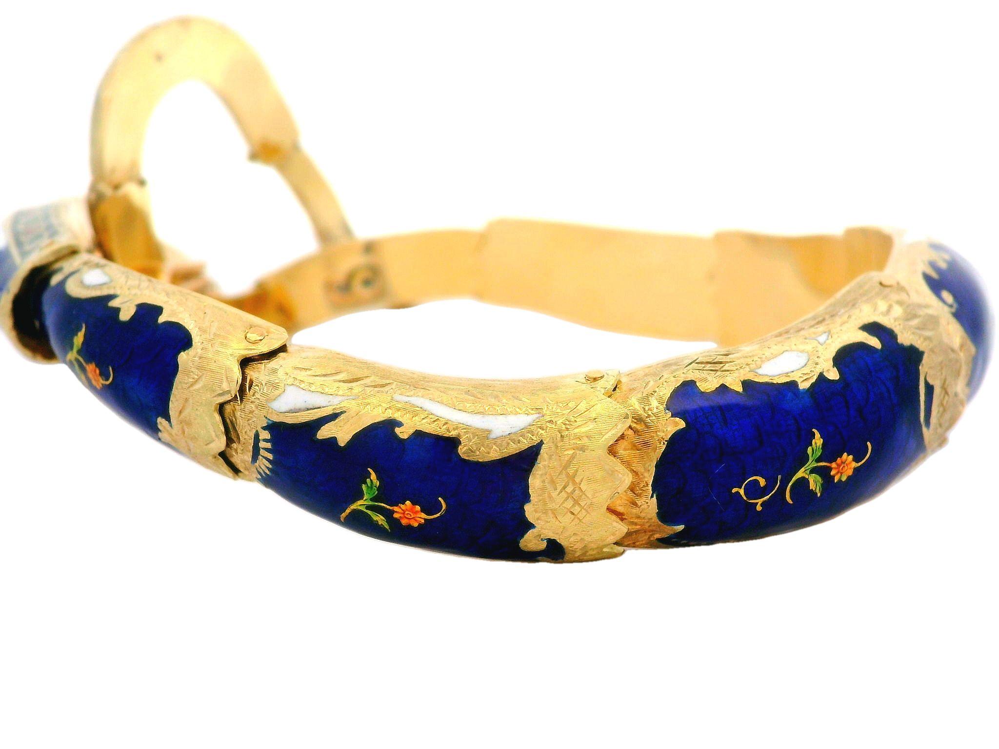 Vintage 14k Gold Garnet Diamond & Opal Blue Enamel Snake Arm Bangle Bracelet For Sale 6