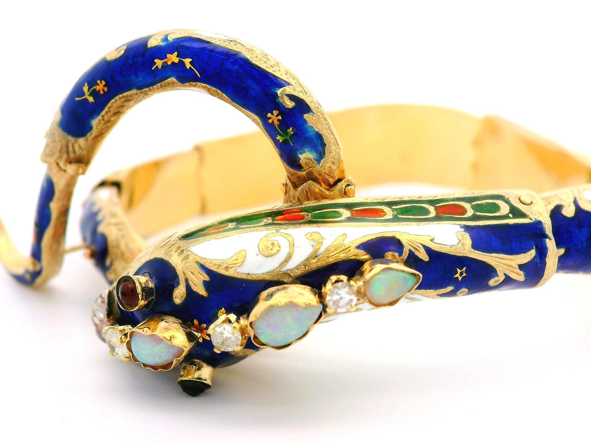Vintage 14k Gold Garnet Diamond & Opal Blue Enamel Snake Arm Bangle Bracelet For Sale 7