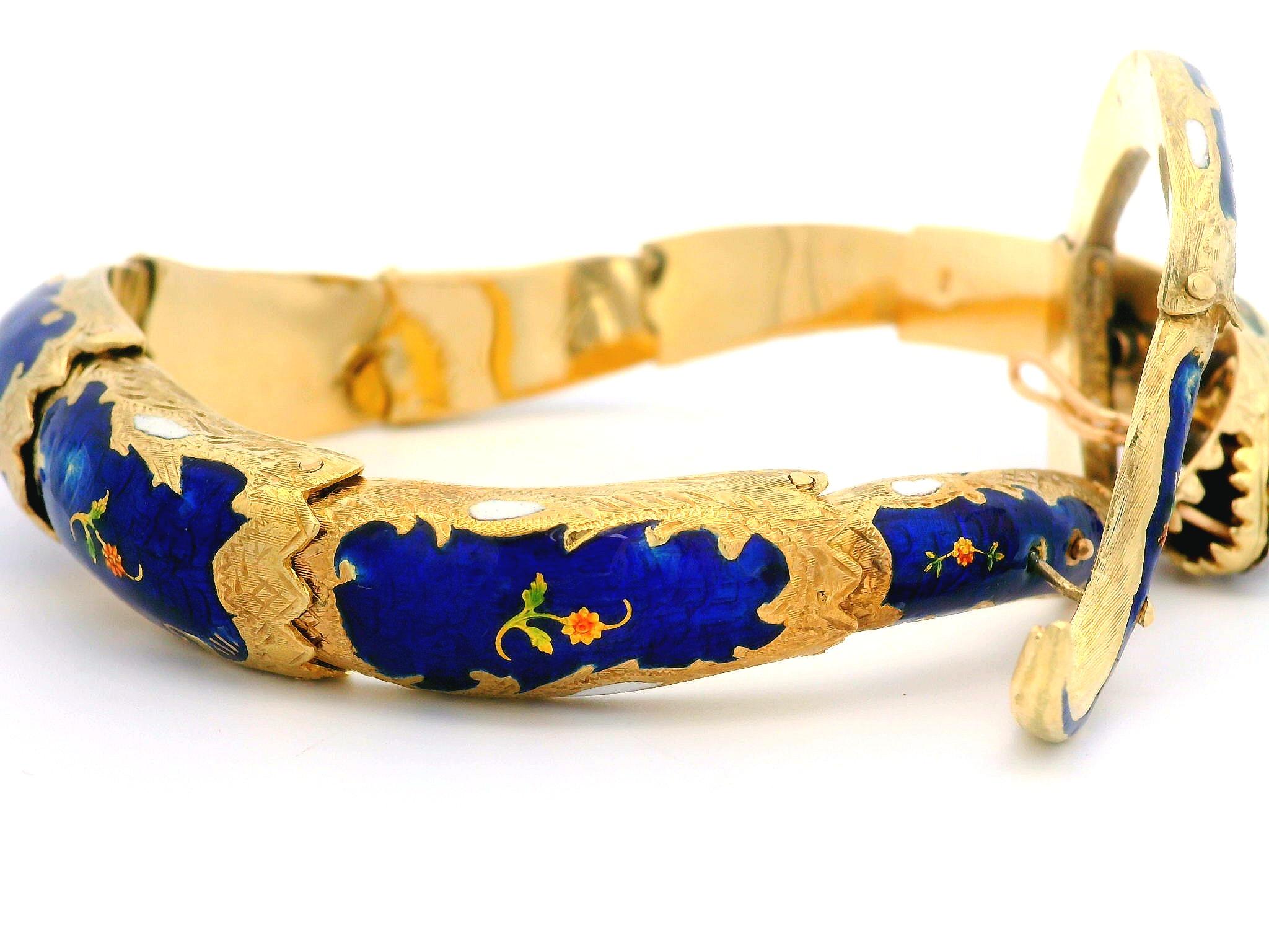 Vintage 14k Gold Garnet Diamond & Opal Blue Enamel Snake Arm Bangle Bracelet For Sale 8