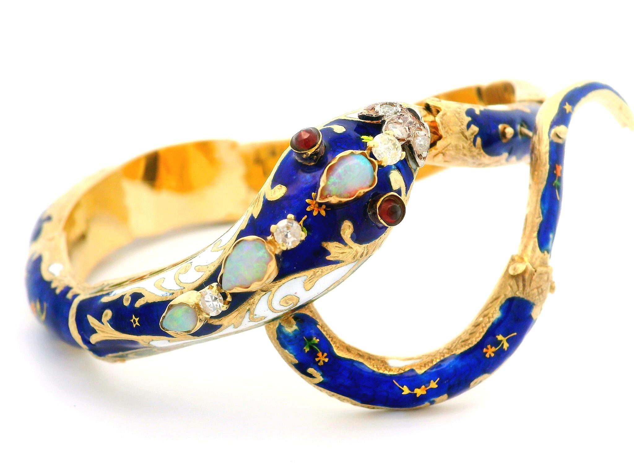Vintage 14k Gold Garnet Diamond & Opal Blue Enamel Snake Arm Bangle Bracelet For Sale 9