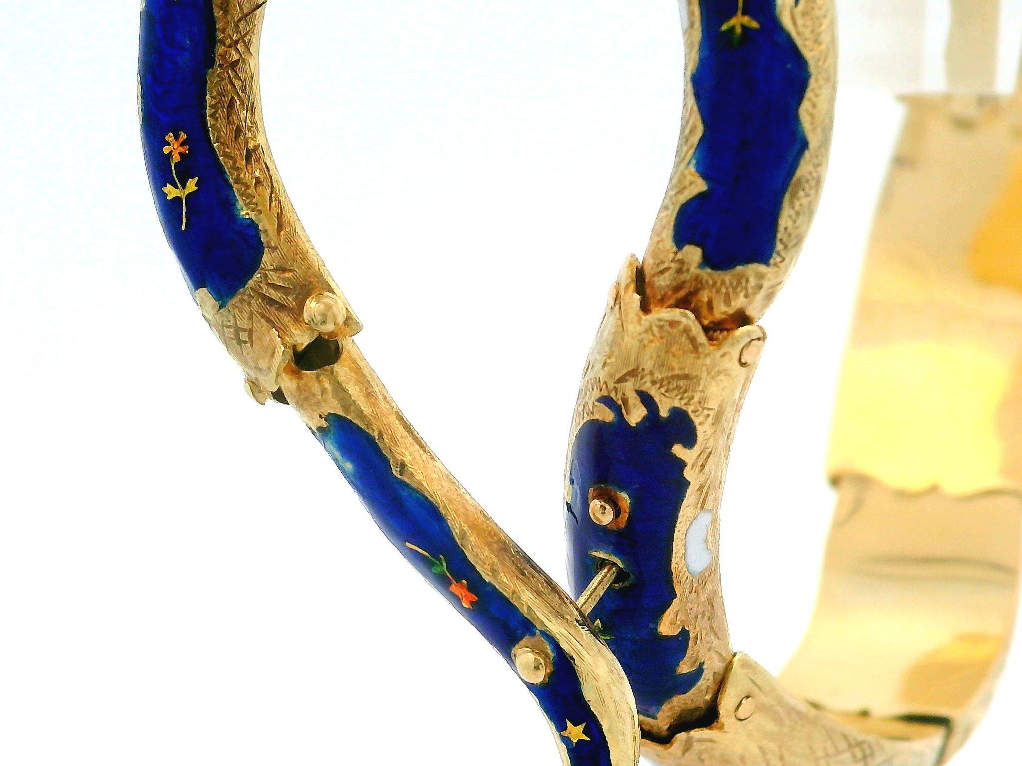 Cabochon Vintage 14k Gold Garnet Diamond & Opal Blue Enamel Snake Arm Bangle Bracelet For Sale