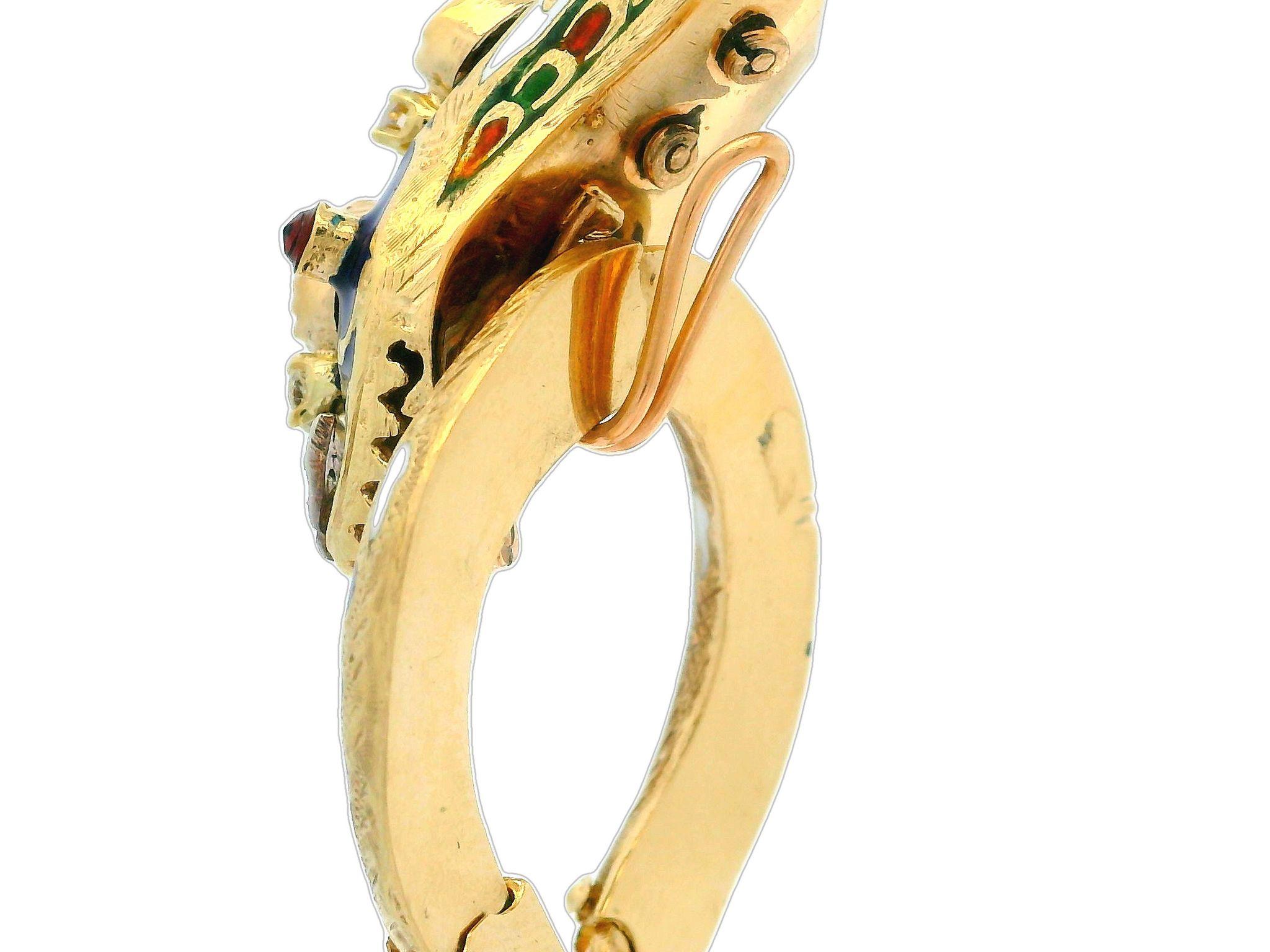 Vintage 14k Gold Garnet Diamond & Opal Blue Enamel Snake Arm Bangle Bracelet In Excellent Condition For Sale In Montclair, NJ