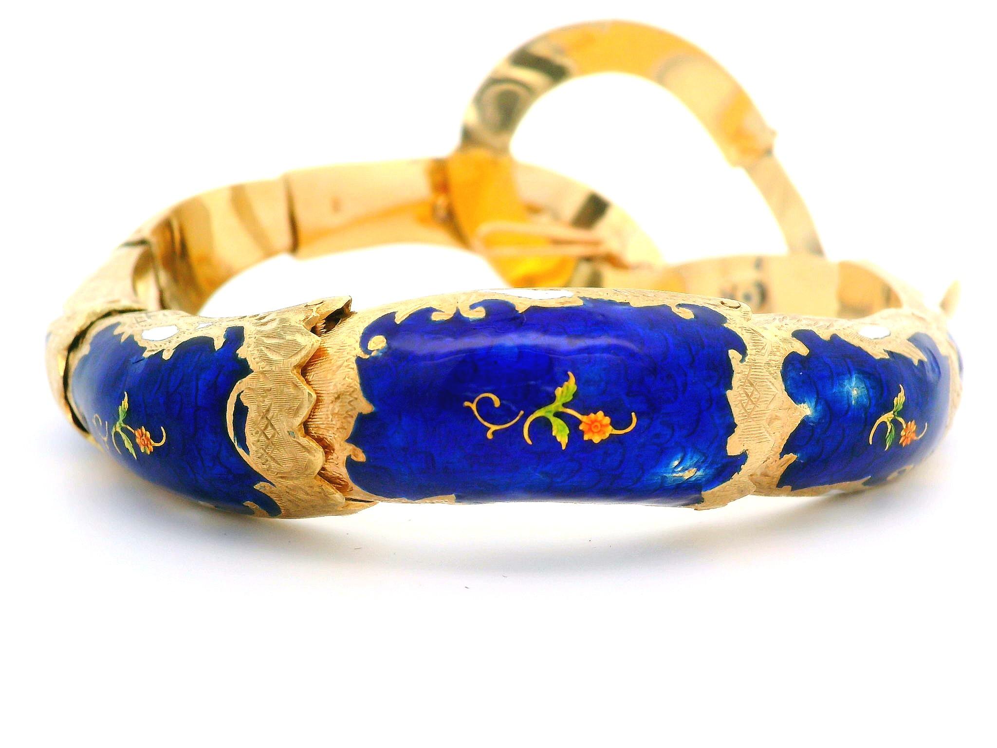 Women's Vintage 14k Gold Garnet Diamond & Opal Blue Enamel Snake Arm Bangle Bracelet For Sale