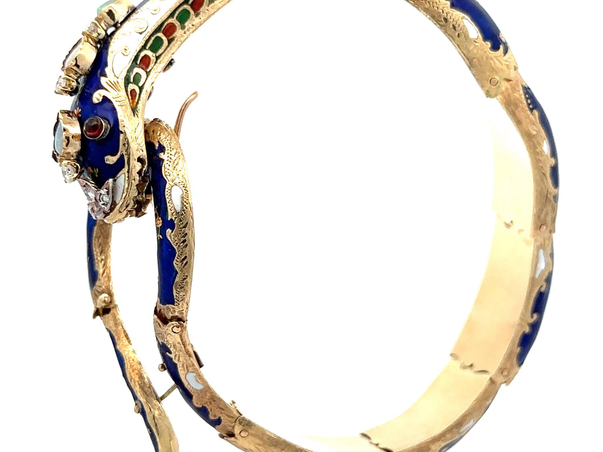 Vintage 14k Gold Garnet Diamond & Opal Blue Enamel Snake Arm Bangle Bracelet For Sale 1