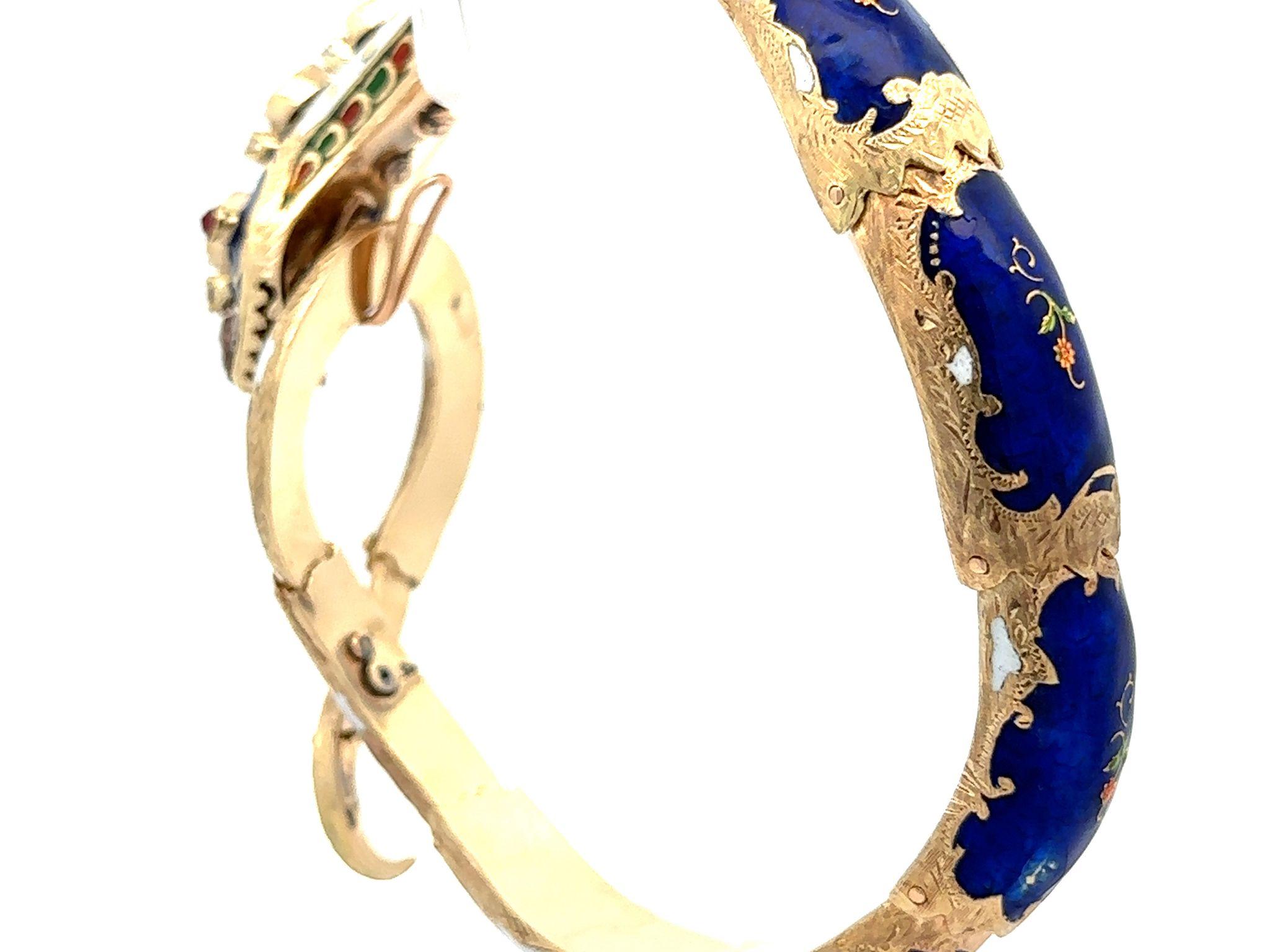 Vintage 14k Gold Garnet Diamond & Opal Blue Enamel Snake Arm Bangle Bracelet For Sale 2