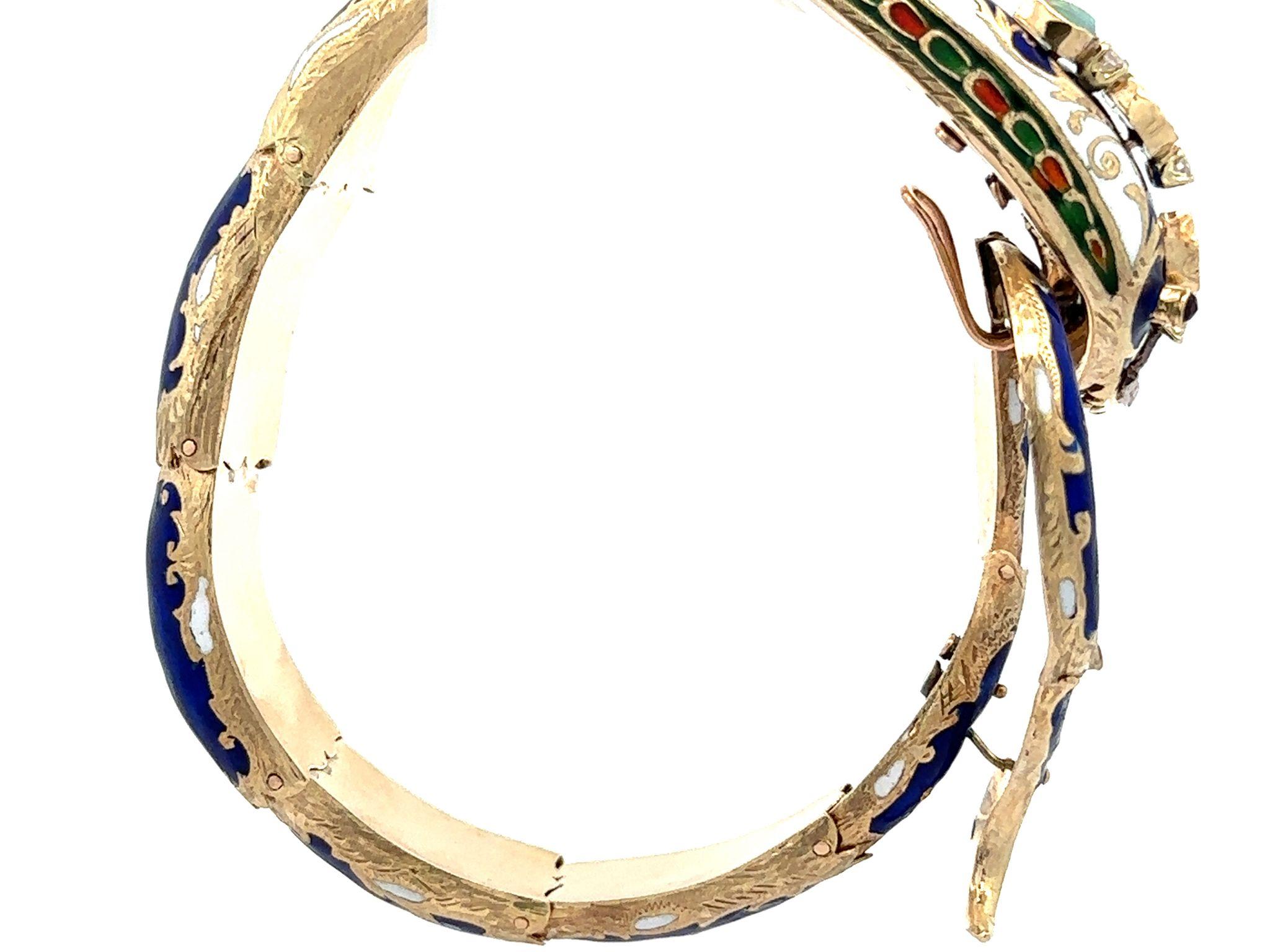 Vintage 14k Gold Garnet Diamond & Opal Blue Enamel Snake Arm Bangle Bracelet For Sale 4
