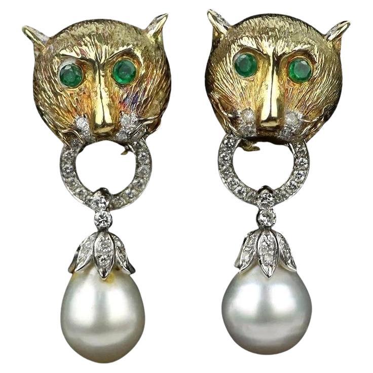 Vintage 14k Gold Gem mounted Puma Form Earrings