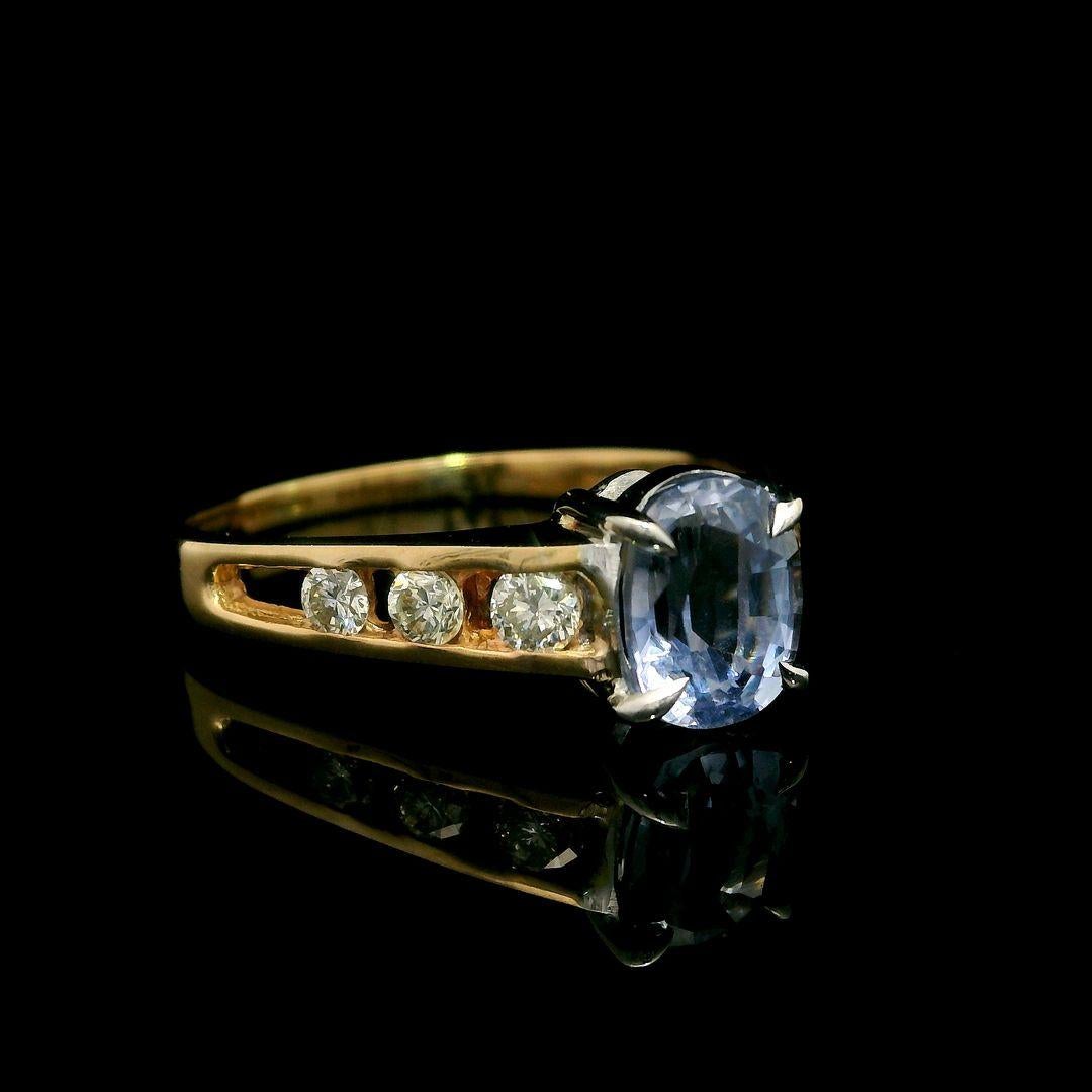 --Stone(s):--
(1) Natural Genuine Sapphire - Cushion Cut - Prong Set - Light to Medium Icy Blue Color - No Heat - Ceylon - 1.38ct (exact - certified)
** See Certification Details Below for Complete Info **
(6) Natural Genuine Diamonds - Round