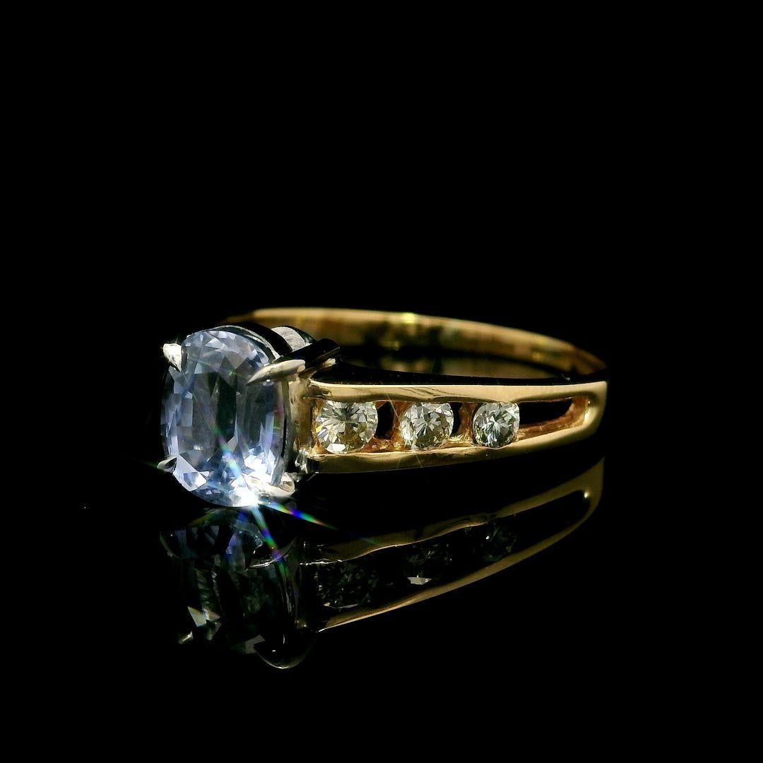 Cushion Cut Vintage 14k Gold Gia 1.68ctw Icy Blue No Heat Sapphire & Diamond Ring For Sale