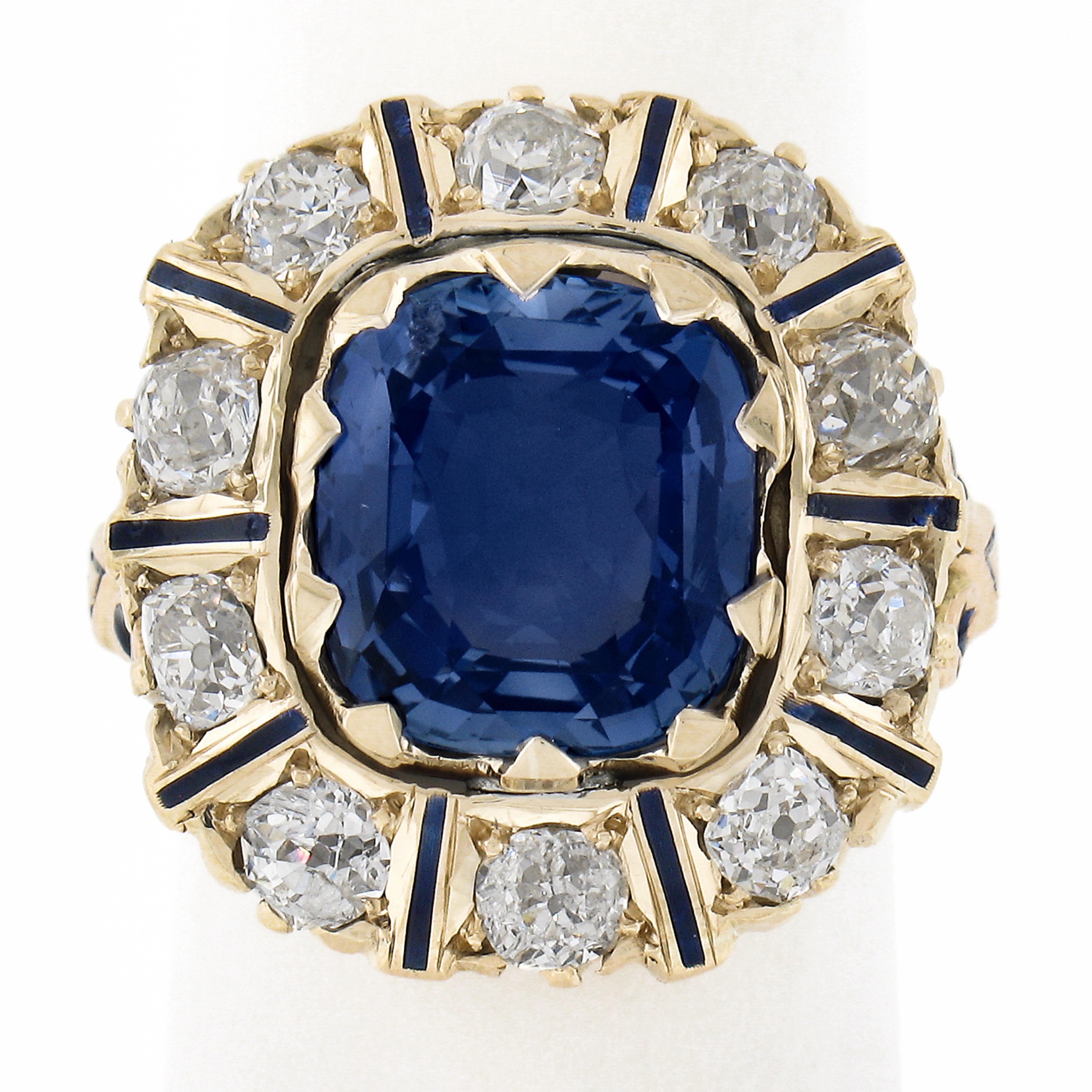 This incredible sapphire and diamond vintage cocktail ring is crafted in solid 14k gold and features a breathtaking and truly fine quality cushion brilliant sapphire which has been certified by GIA. Its exceptional color is all natural as the stone