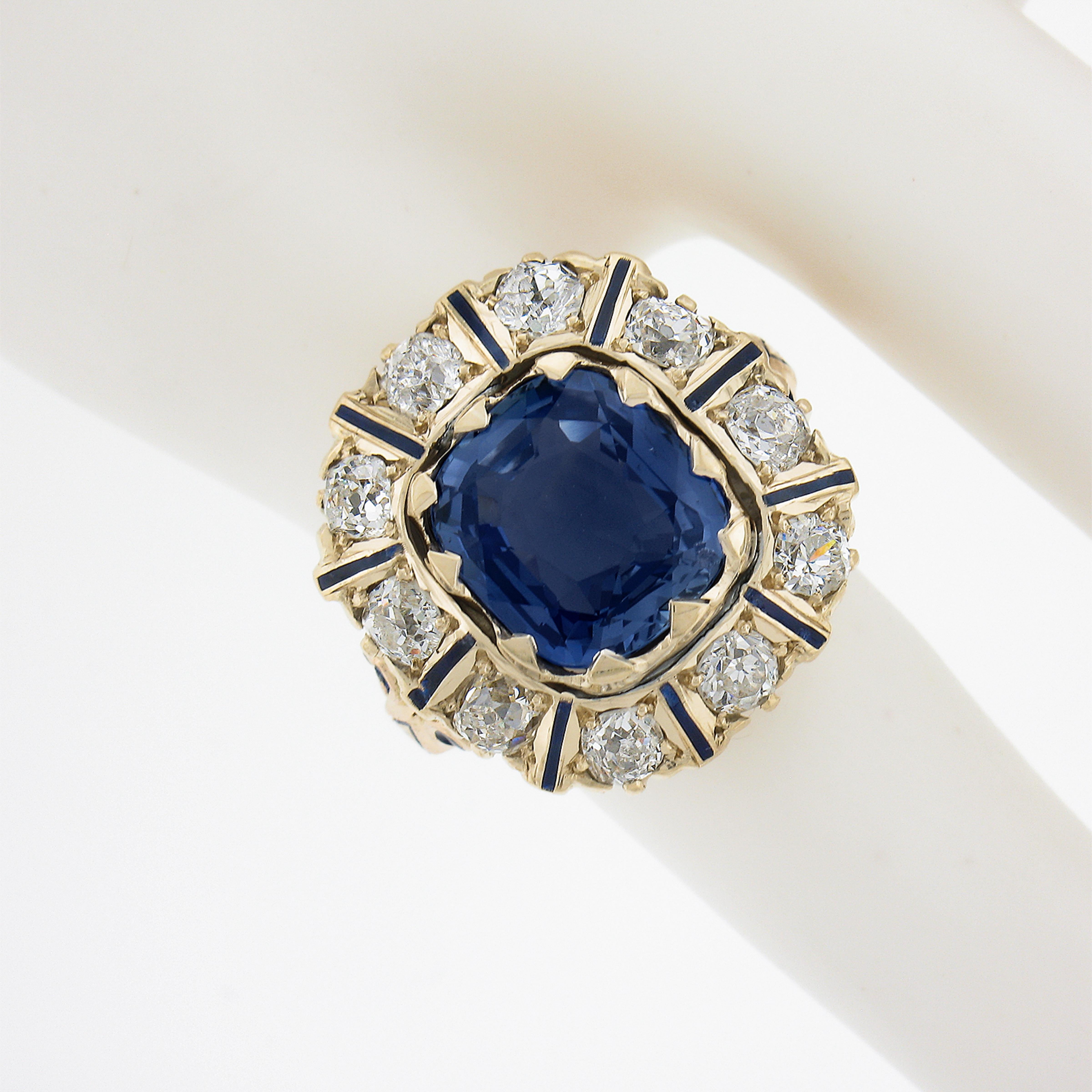 Vintage 14K Gold GIA Ceylon No Heat Cushion Sapphire & Diamond Halo Platter Ring In Good Condition For Sale In Montclair, NJ