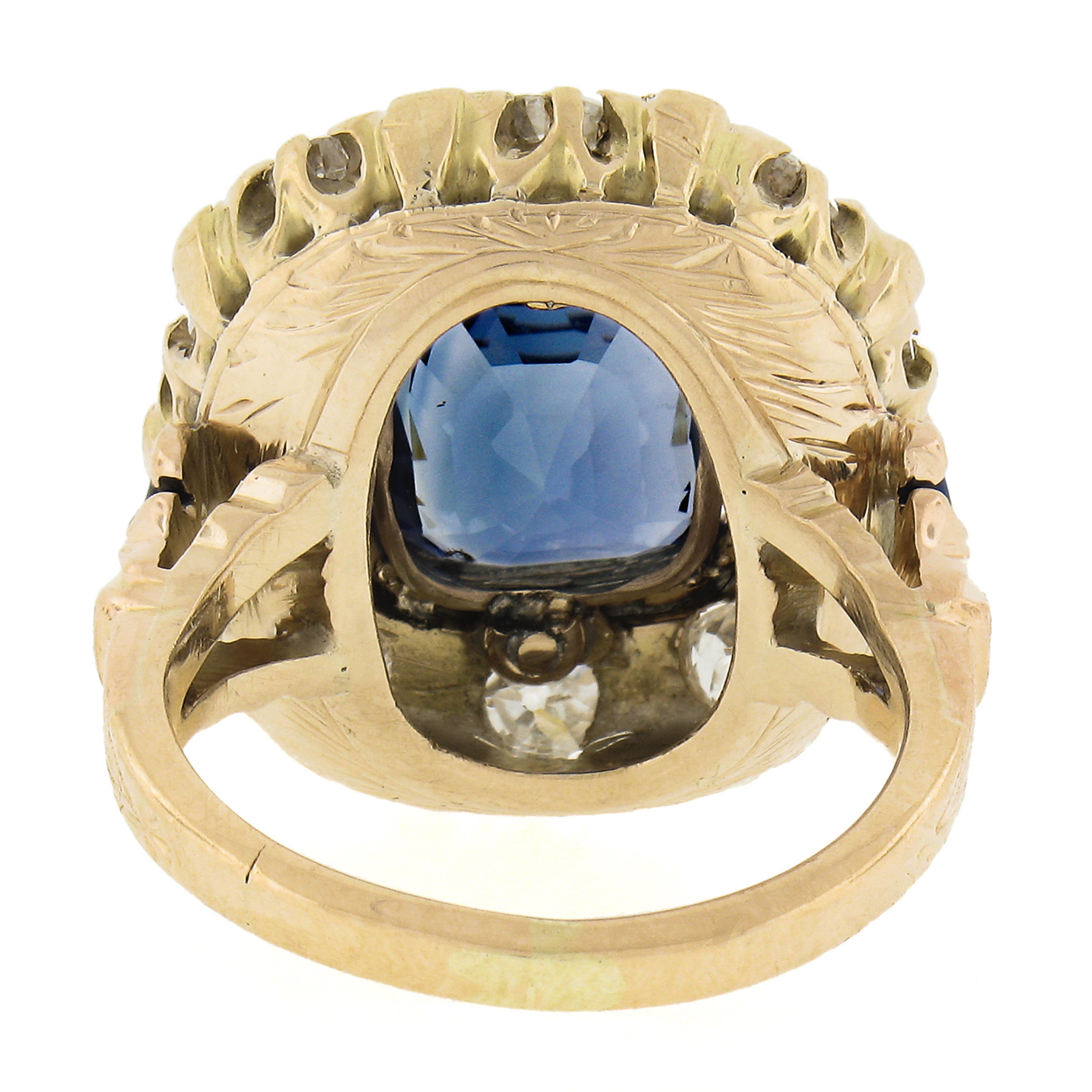 Vintage 14K Gold GIA Ceylon No Heat Cushion Sapphire & Diamond Halo Platter Ring For Sale 2