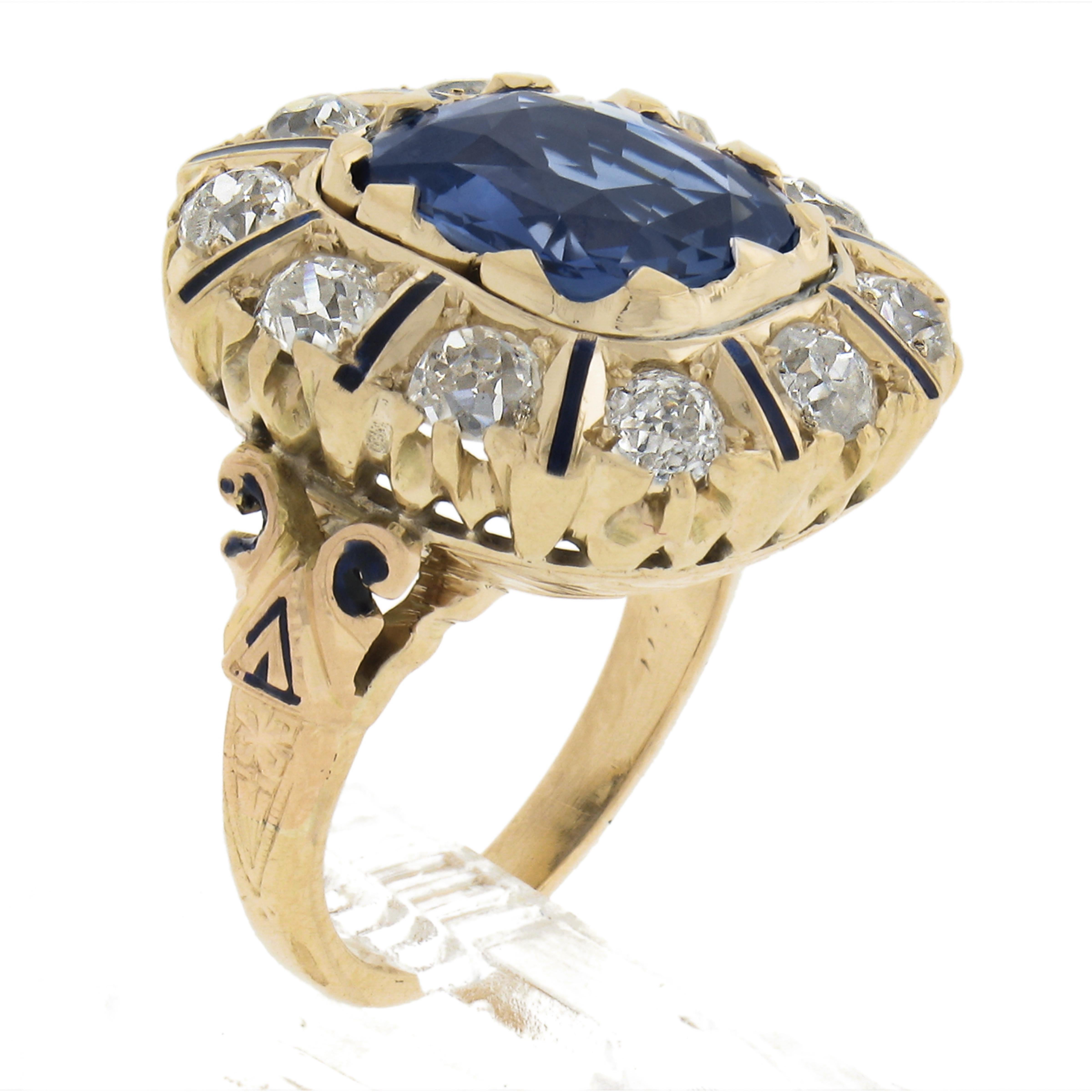 Vintage 14K Gold GIA Ceylon No Heat Cushion Sapphire & Diamond Halo Platter Ring For Sale 4