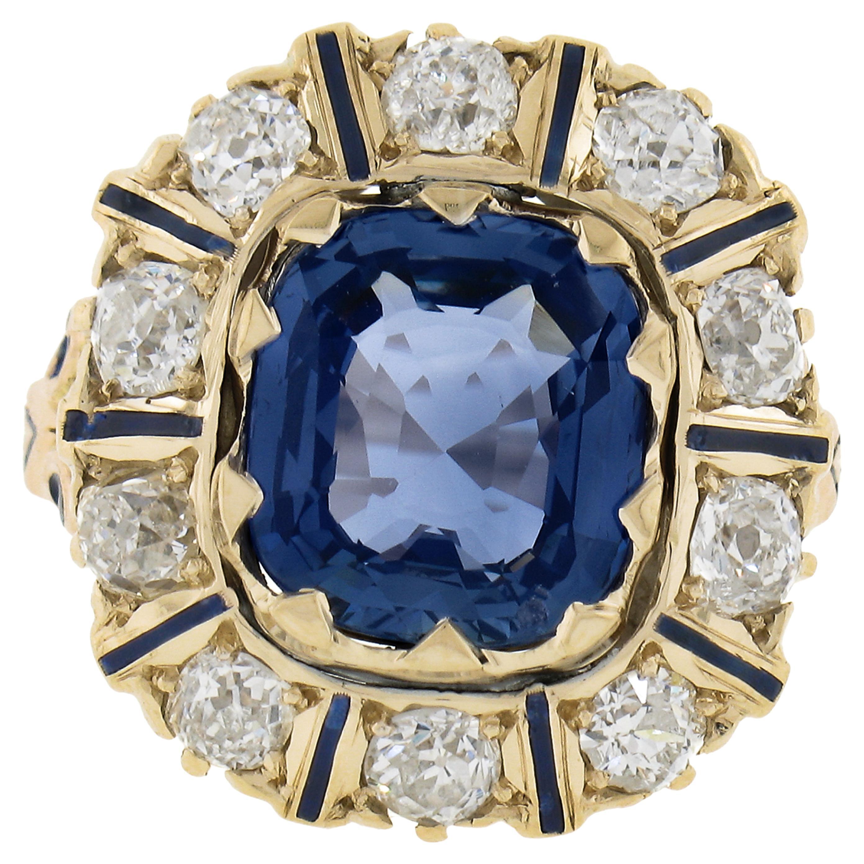 Vintage 14K Gold GIA Ceylon No Heat Cushion Sapphire & Diamond Halo Platter Ring For Sale