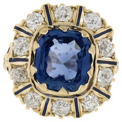 Bague plaquée en or 14 carats avec saphir de Ceylan taille coussin non chauffé et halo de diamants, certifié GIA