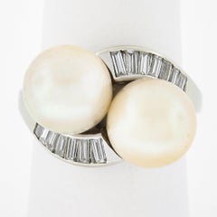 Vintage 14K Gold GIA Cultured Saltwater Akoya Pearl Baguette Diamond Bypass Ring