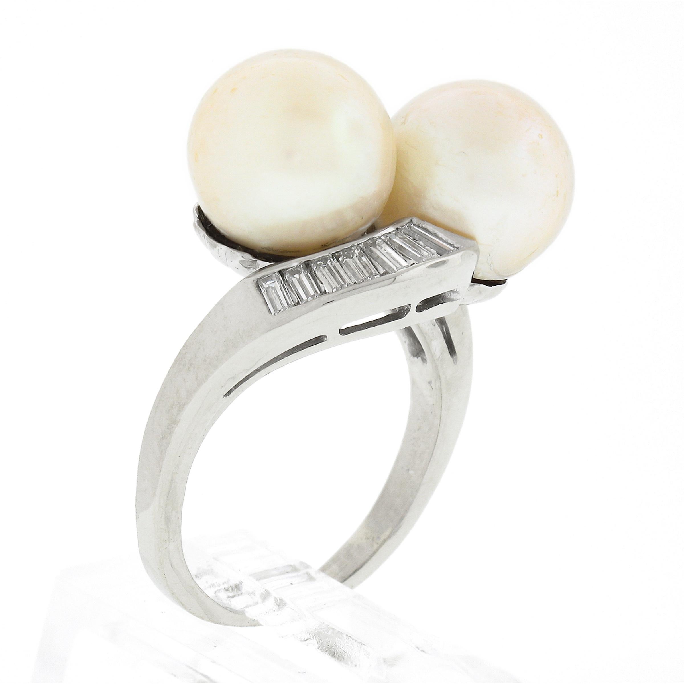 Vintage 14K Gold GIA Cultured Saltwater Akoya Pearl Baguette Diamond Bypass Ring For Sale 3