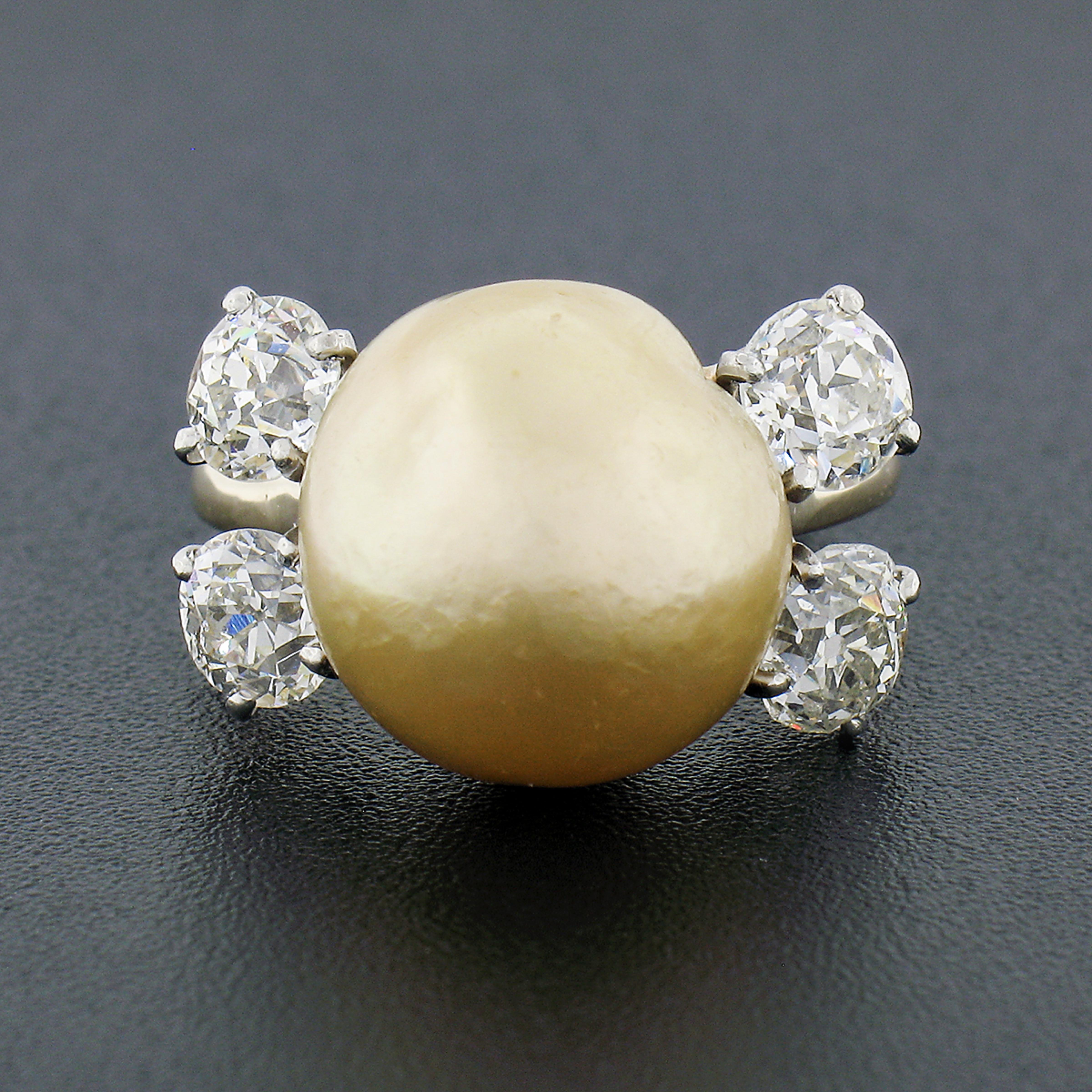 Vintage 14k Gold GIA Goldene Südseeperle Alteuropäischer 2ctw Diamantring (Rundschliff) im Angebot
