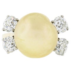 Vintage 14k Gold GIA Golden South Sea Pearl Old European 2ctw Diamond Ring