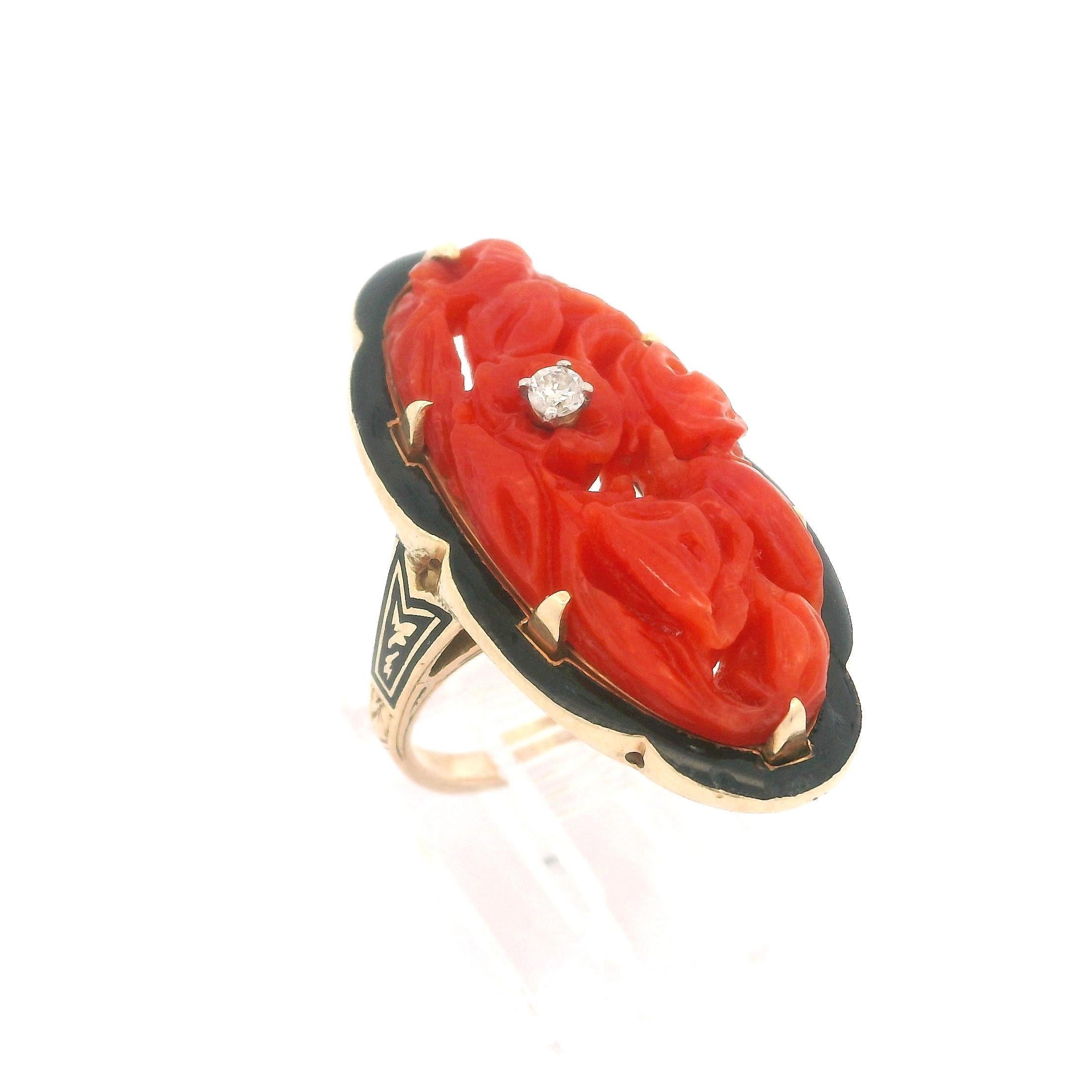 Vintage 14k Gold GIA hochwertiger geschnitzter Koralle Diamant Schwarz Emaille Dinner-Ring im Angebot 8
