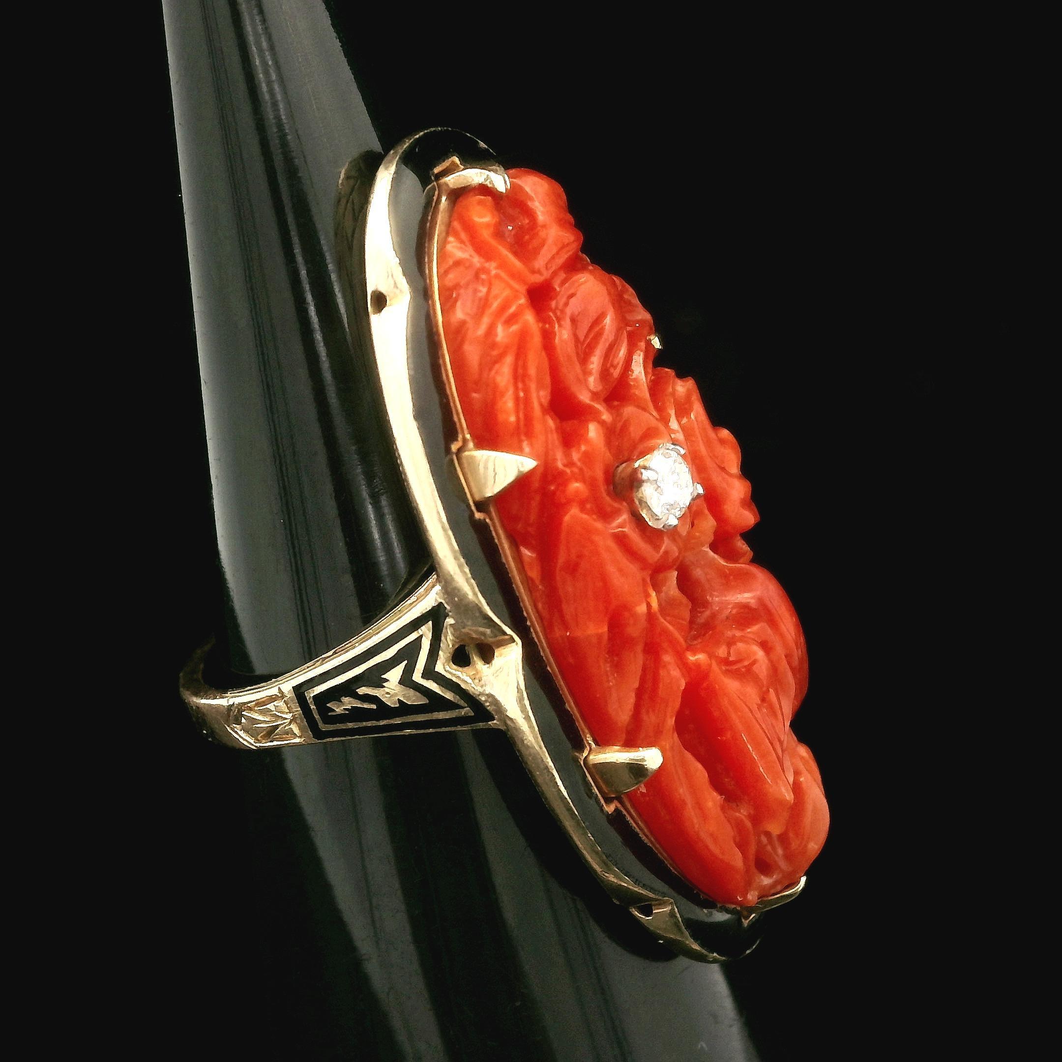 Vintage 14k Gold GIA hochwertiger geschnitzter Koralle Diamant Schwarz Emaille Dinner-Ring (Alteuropäischer Schliff) im Angebot