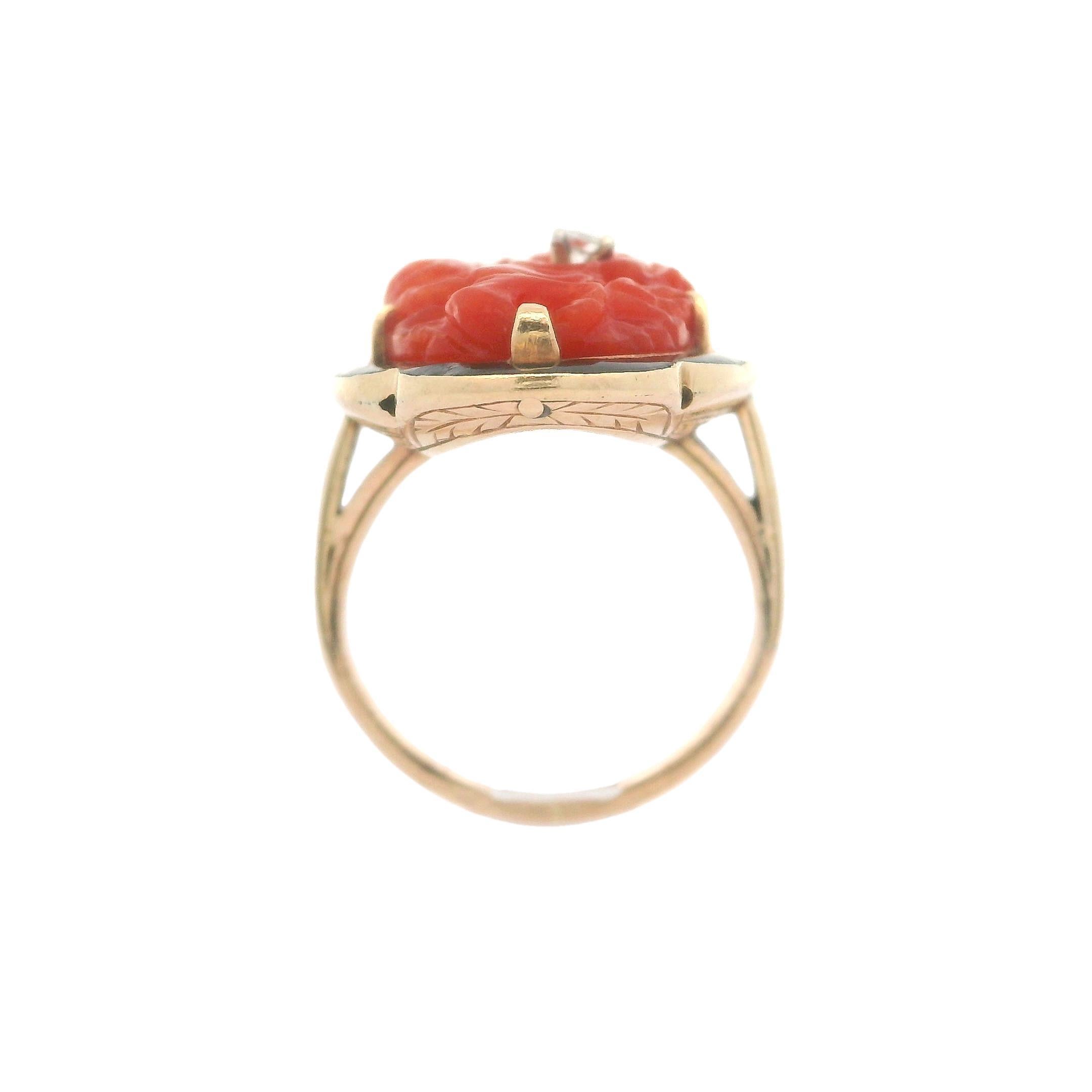 Vintage 14k Gold GIA hochwertiger geschnitzter Koralle Diamant Schwarz Emaille Dinner-Ring im Angebot 4