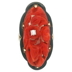 Vintage 14k Gold GIA hochwertiger geschnitzter Koralle Diamant Schwarz Emaille Dinner-Ring