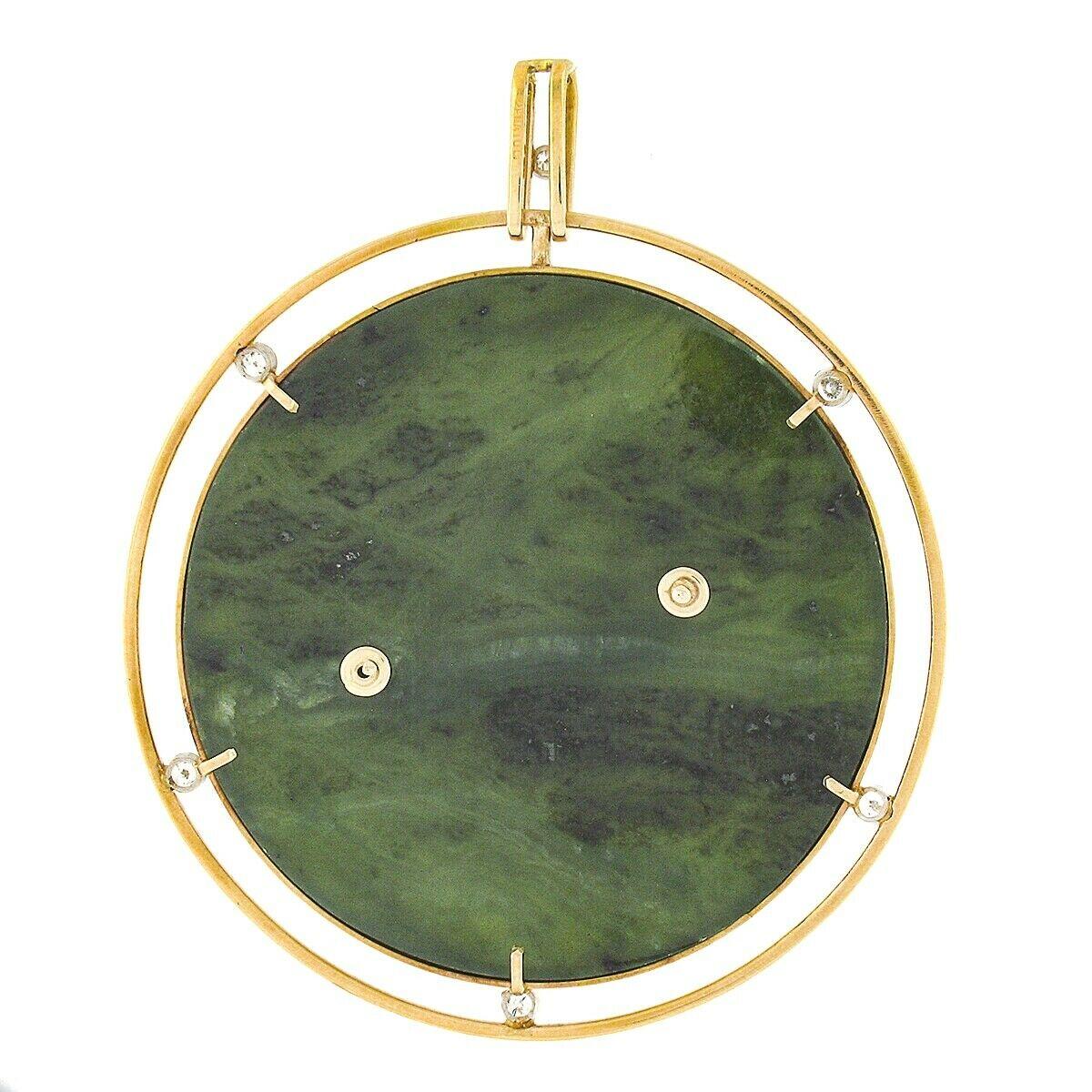 Cabochon Vintage 14K Gold GIA Jade w/ Carved Natural Coral Fish & Diamond Large Pendant For Sale