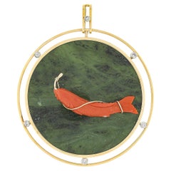 Vintage 14K Gold GIA Jade w/ Carved Natural Coral Fish & Diamond Large Pendant