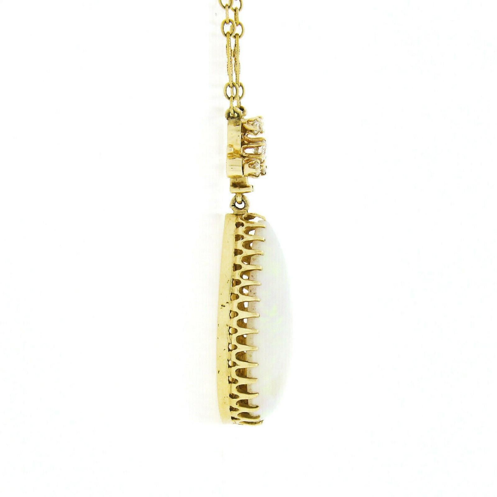 Women's Vintage 14K Gold GIA Large Teardrop Fiery Opal & Diamond Pendant w/ Fancy Chain