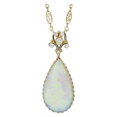 Vintage 14K Gold GIA Large Teardrop Fiery Opal & Diamond Pendant w/ Fancy Chain