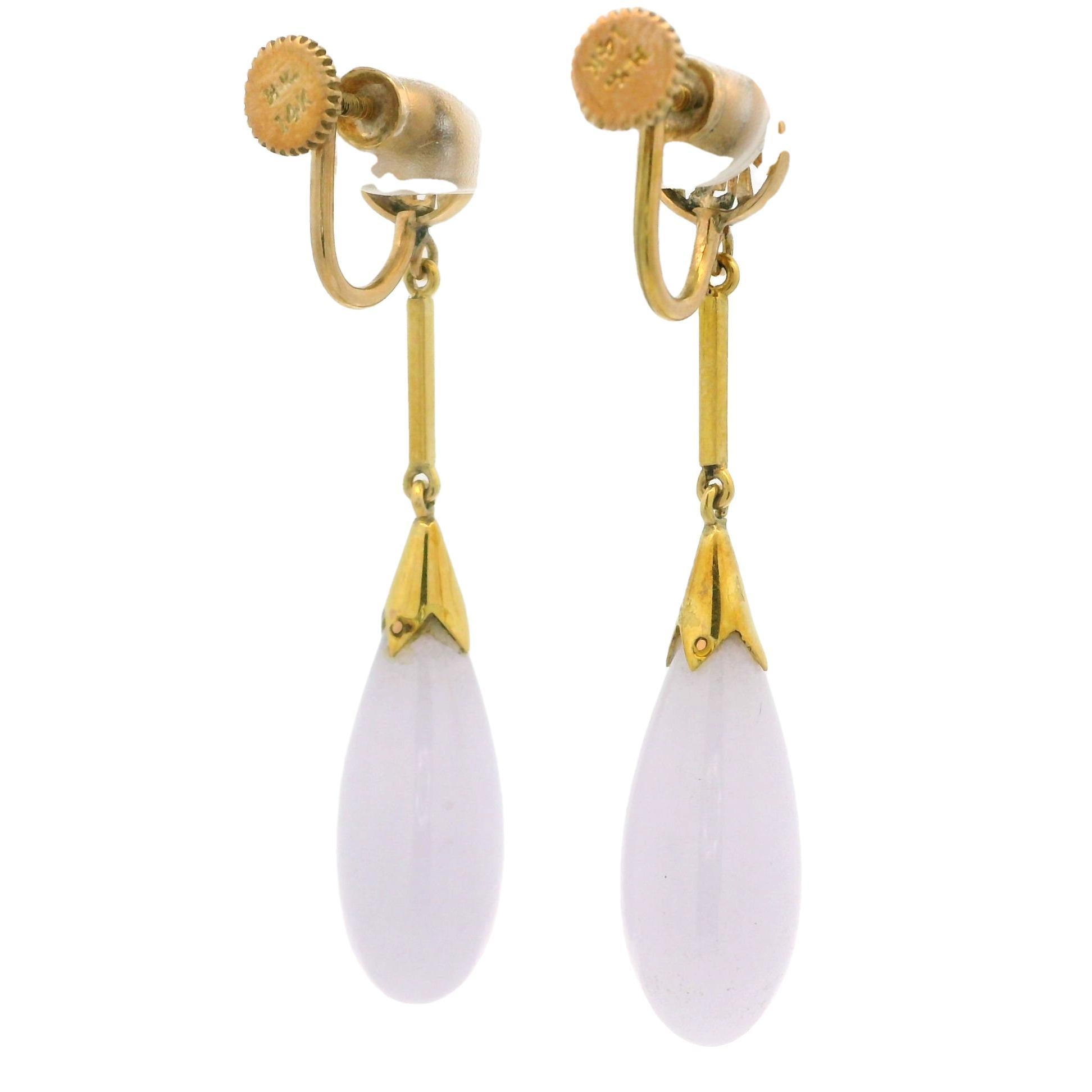 Vintage 14k Gold GIA Lavender Purple A Jade Chinese Symbol Drop Dangle Earrings In Good Condition For Sale In Montclair, NJ