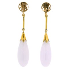 Vintage 14k Gold GIA Lavender Purple A Jade Chinese Symbol Drop Dangle Earrings