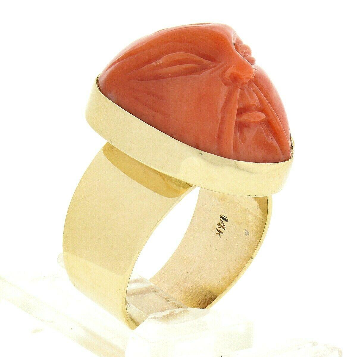 Vintage 14k Gold GIA No Dye Coral Carved Angry Asian Face Cameo Statement Ring For Sale 5
