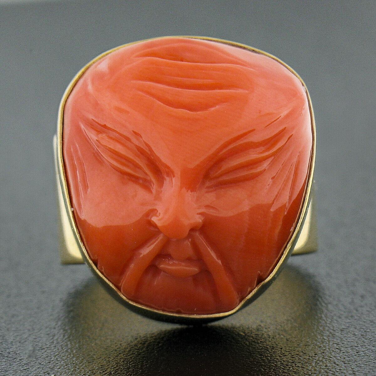 Cabochon Vintage 14k Gold GIA No Dye Coral Carved Angry Asian Face Cameo Statement Ring For Sale