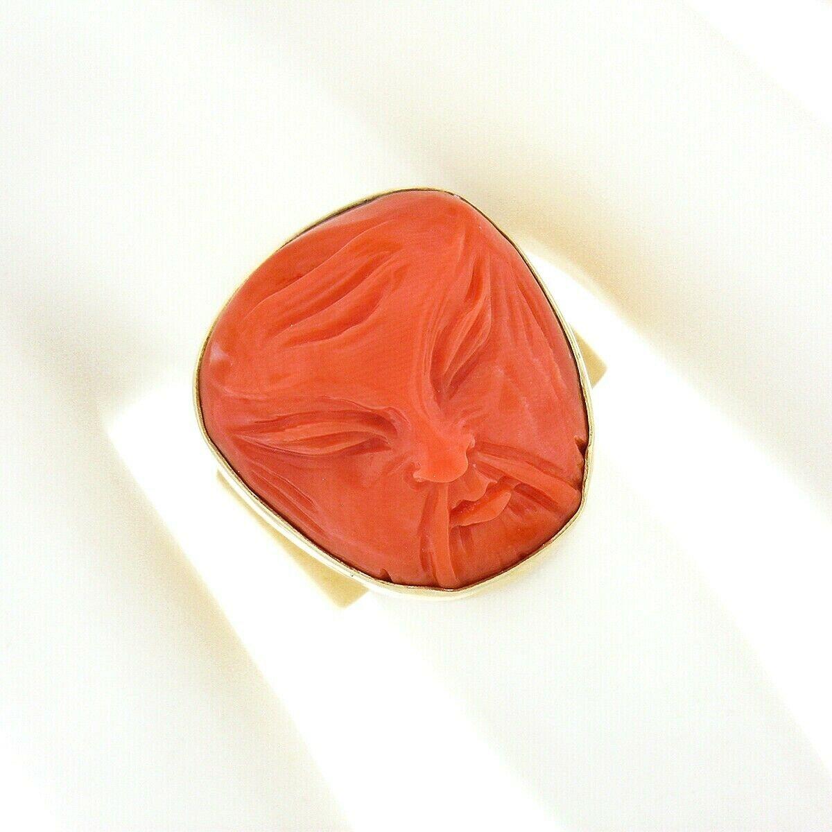 Vintage 14k Gold GIA No Dye Coral Carved Angry Asian Face Cameo Statement Ring In Good Condition For Sale In Montclair, NJ