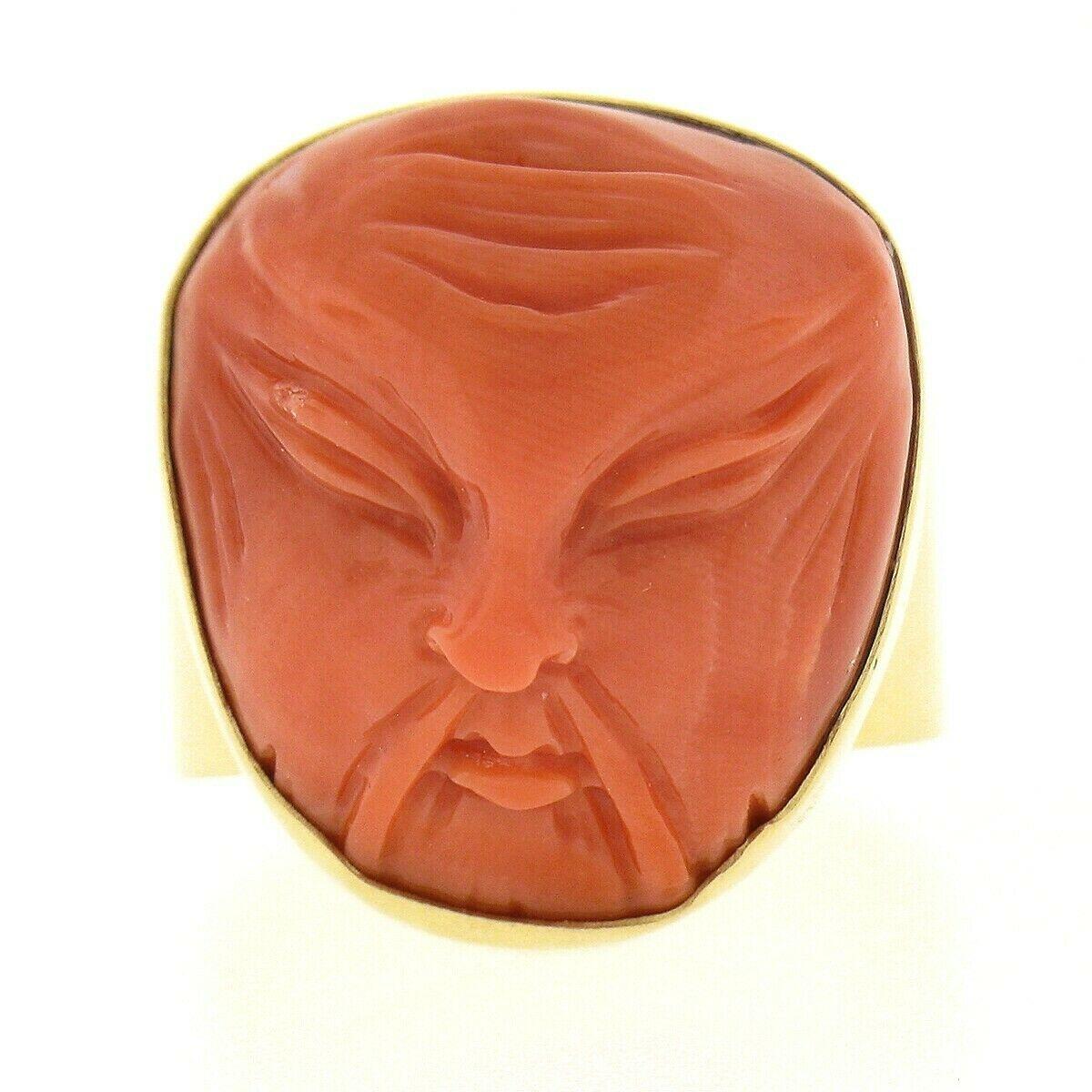 Women's or Men's Vintage 14k Gold GIA No Dye Coral Carved Angry Asian Face Cameo Statement Ring For Sale
