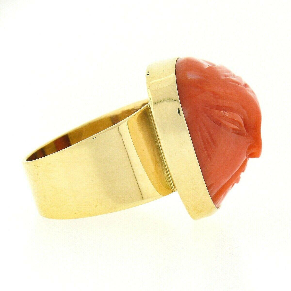 Vintage 14k Gold GIA No Dye Coral Carved Angry Asian Face Cameo Statement Ring For Sale 1