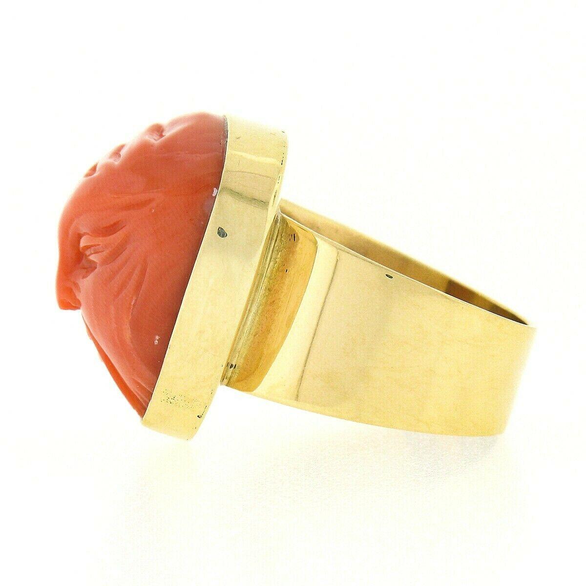 Vintage 14k Gold GIA No Dye Coral Carved Angry Asian Face Cameo Statement Ring For Sale 2