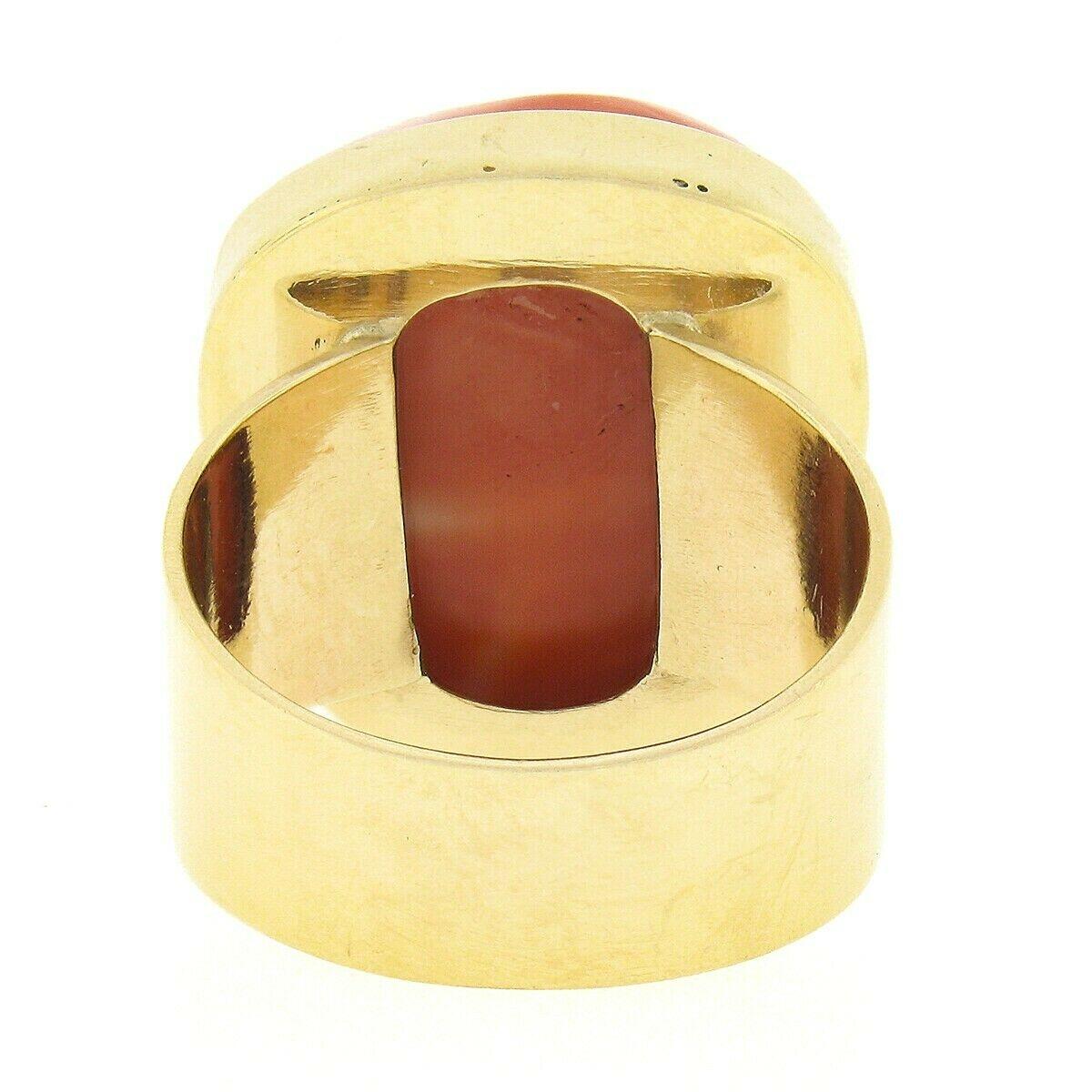 Vintage 14k Gold GIA No Dye Coral Carved Angry Asian Face Cameo Statement Ring For Sale 3