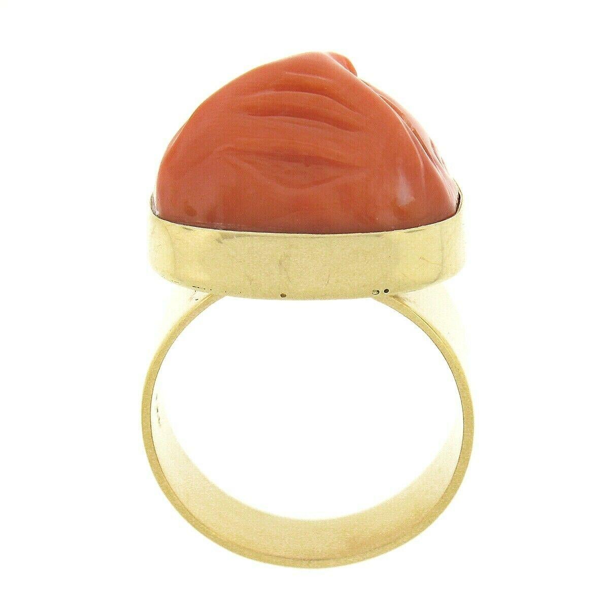 Vintage 14k Gold GIA No Dye Coral Carved Angry Asian Face Cameo Statement Ring For Sale 4