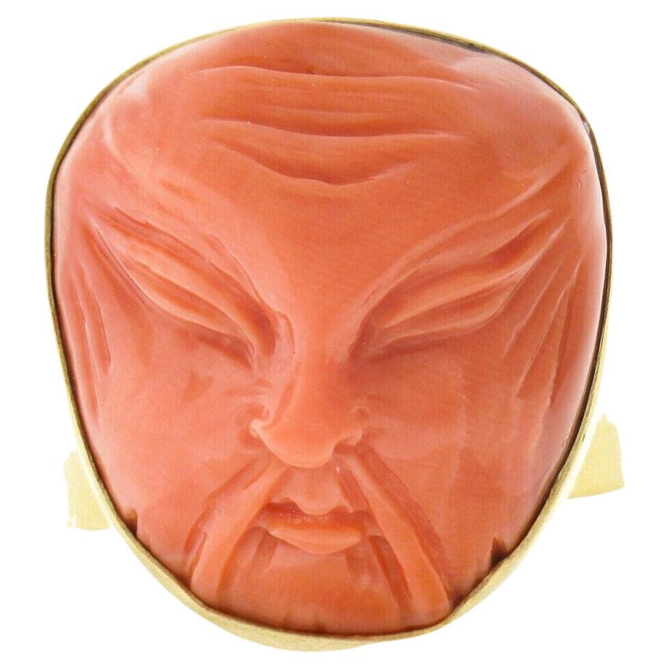 Vintage 14k Gold GIA No Dye Coral Carved Angry Asian Face Cameo Statement Ring For Sale
