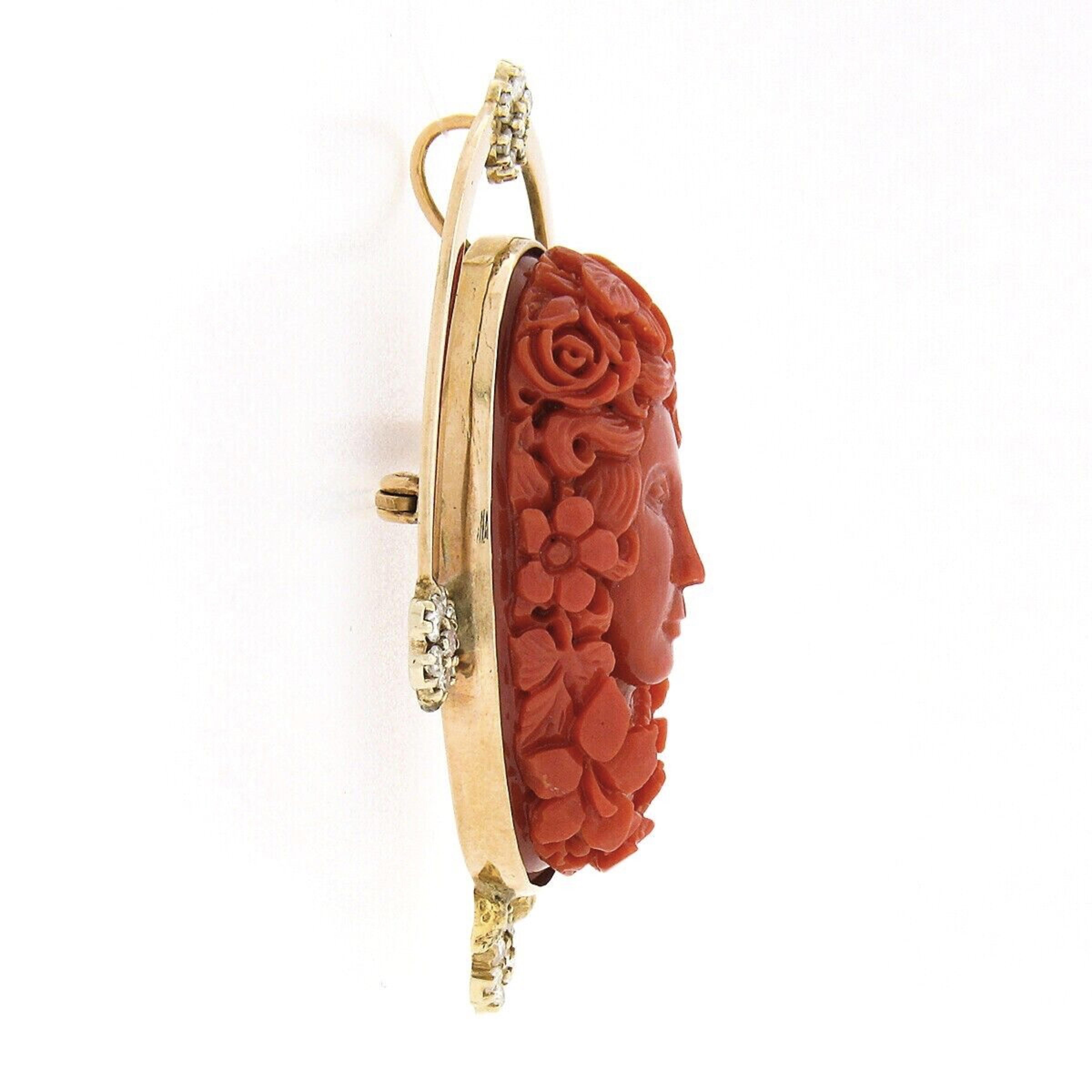 Art Nouveau Vintage 14k Gold GIA No dye Oval Carved Coral Cameo & Diamond Pendant Brooch Pin