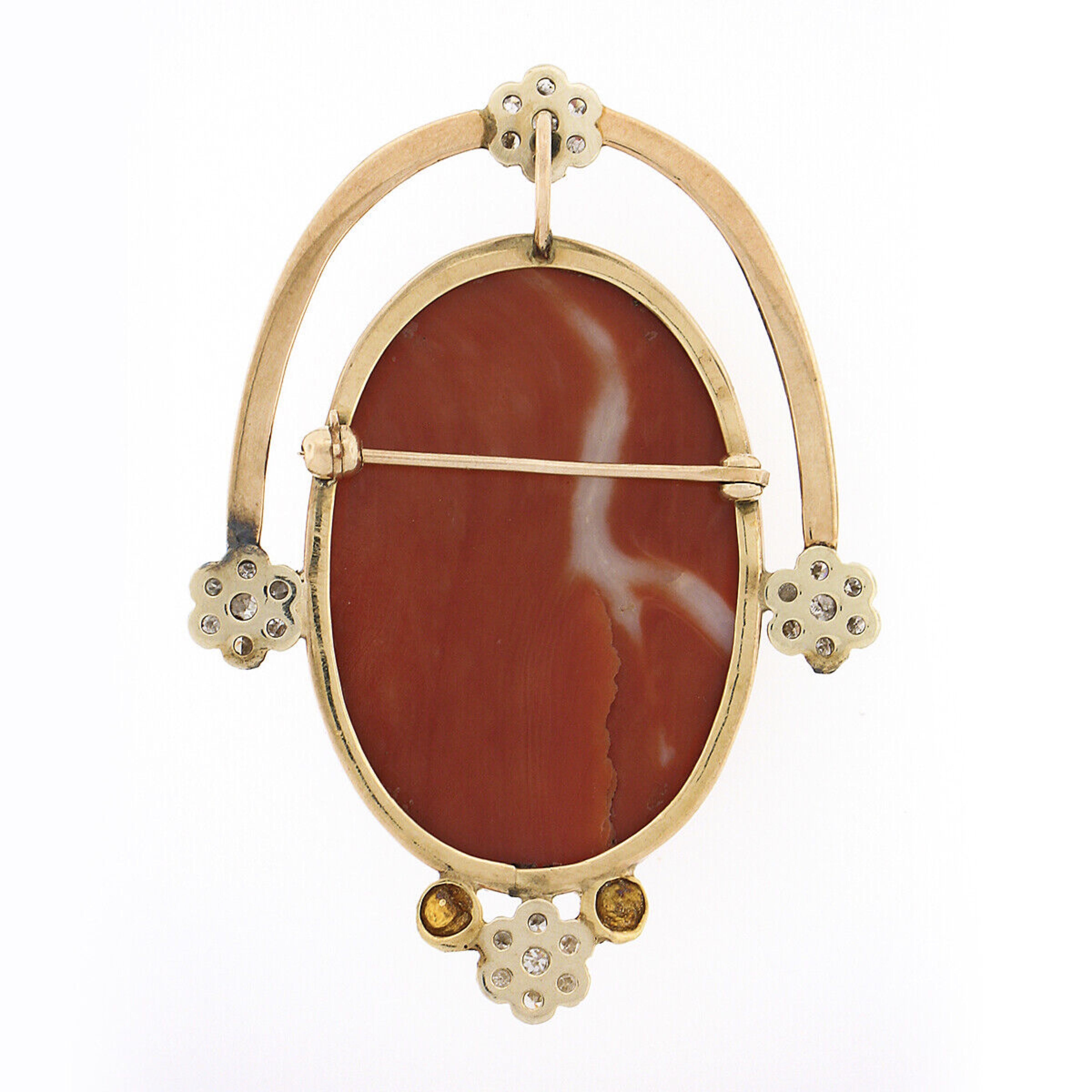 Oval Cut Vintage 14k Gold GIA No dye Oval Carved Coral Cameo & Diamond Pendant Brooch Pin