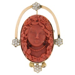 Vintage 14k Gold GIA No dye Oval Carved Coral Cameo & Diamond Pendant Brooch Pin